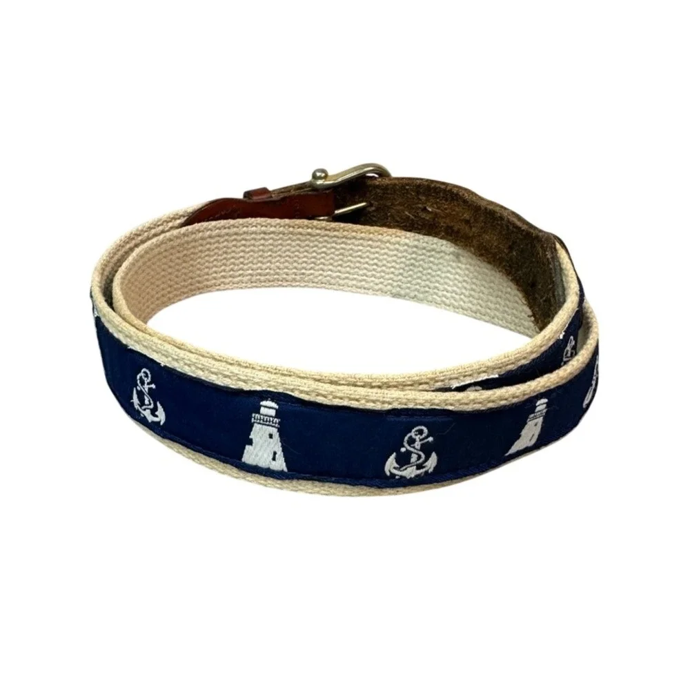 Nautical Anchor Lighthouse Ribbon Belt Brown Leather Brass Buckle Navy Cream